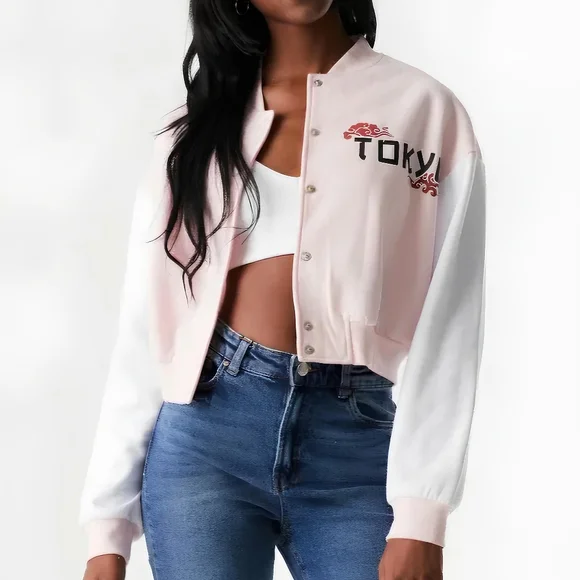 Urban Planet Tokyo Print Pink and White Women's Varsity Jacket Cropped - Picture 4 of 4